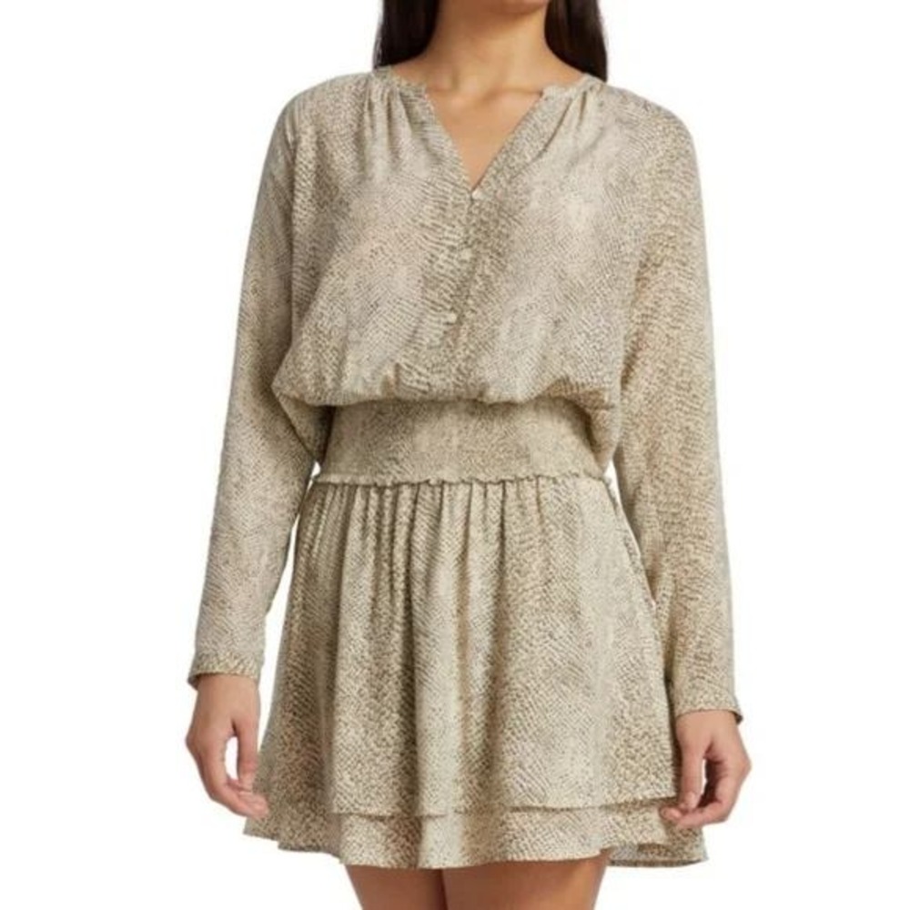 Rails Snake Print V Neck Smocked Waist Mini Dress Womens Size M Long Sleeve